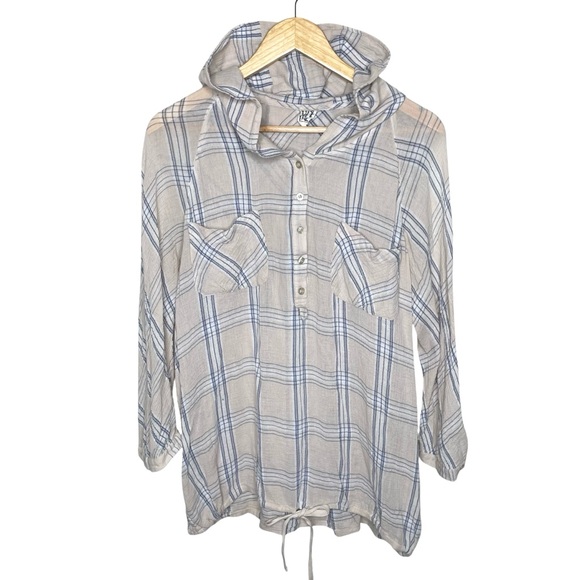 Free People Plaid Gauzy Pullover Hoodie Shirt Tan Large - Picture 1 of 10